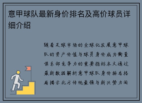 意甲球队最新身价排名及高价球员详细介绍