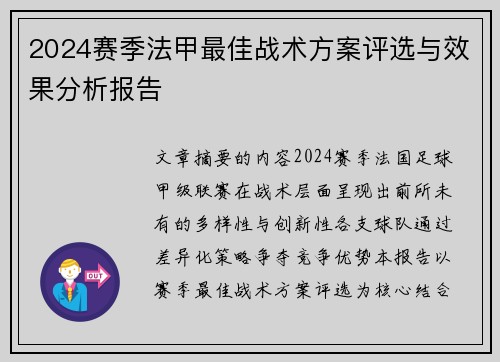 2024赛季法甲最佳战术方案评选与效果分析报告