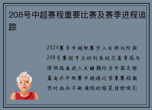 208号中超赛程重要比赛及赛季进程追踪